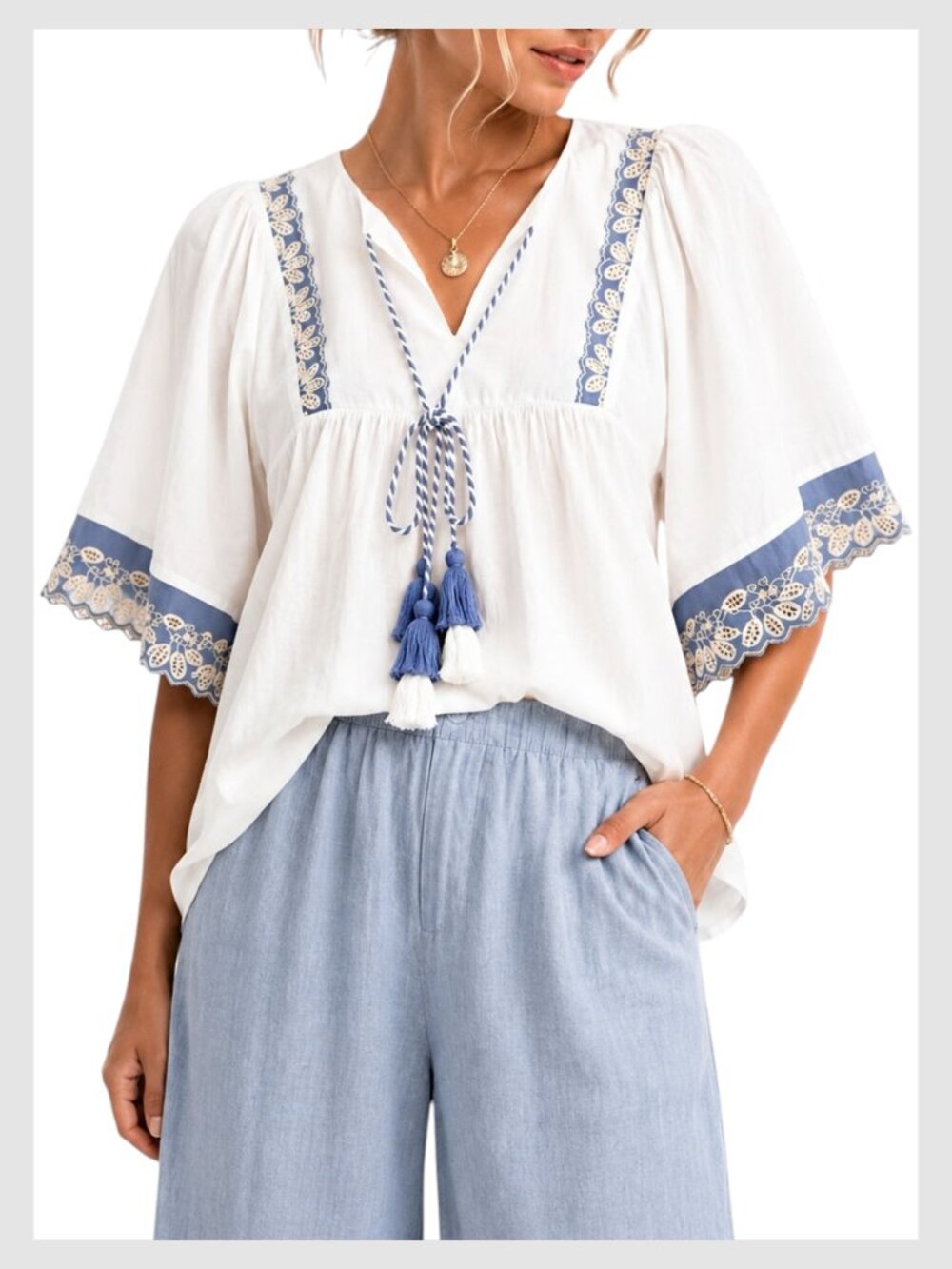 Farmer's Market Peasant Blouse Blue White Embroidered Boho L